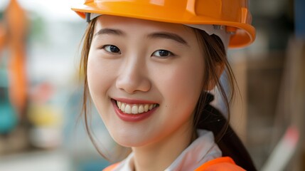 Smiling Korean Female Construction Worker in Orange Safety Helmet, Focus on Diversity and Women in Engineering