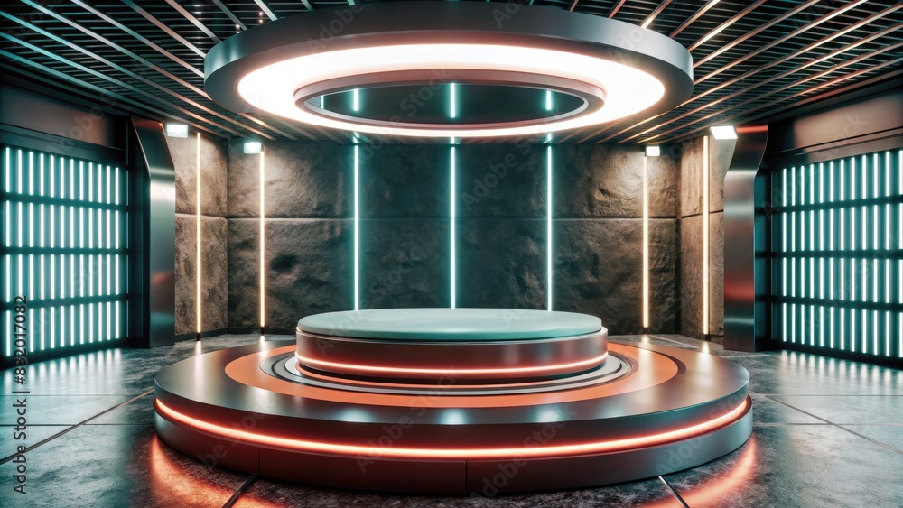 Poster Futuristic circular podium with neon lights in a modern interior.