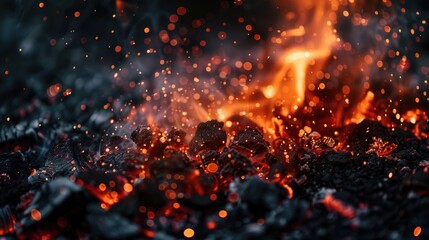 closeup of burning coals with sparks - Powered by Adobe