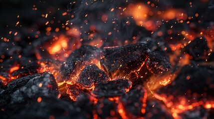 closeup of burning coals with sparks