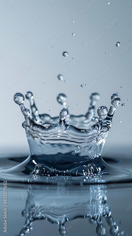 Poster detailed macro of a single drop of water impacting a calm surface, showing the splash and water crow