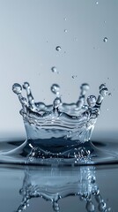 Detailed macro of a single drop of water impacting a calm surface, showing the splash and water crown effect, isolated on a white background with copy space