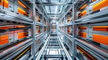 Fototapeta premium High-tech data center interior, compact servers, intricate network cables, advanced security features, sleek and modern design