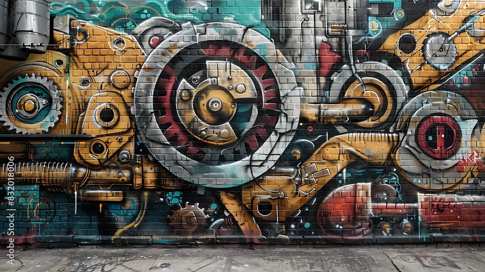 Wall mural A graffiti wall with an abstract design of interlocking gears and machinery, industrial and precise