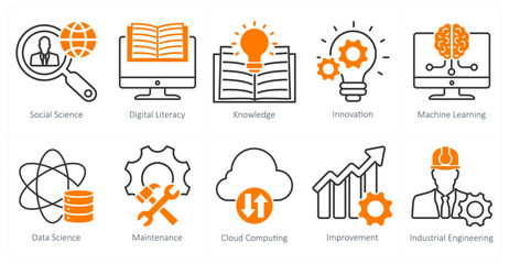 A Set of 10 Industrial icons as social science, digital literacy, knowledge