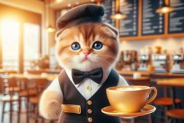 A cat in a waiter's uniform holding a cup of coffee