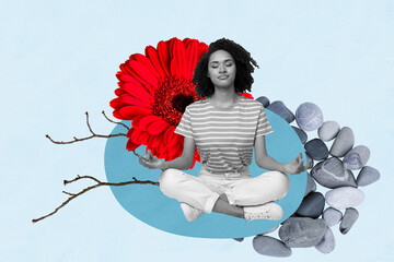 Composite collage image picture of black white colors girl meditate isolated on creative background