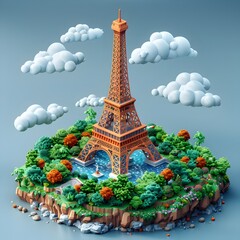 Isometric of Eiffel Tower Surrounded by Greenery and Blue Sky Celebrating Love for France