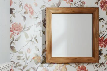 Minimal wooden picture frame mockup on a delicate floral wallpaper