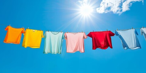 Sun and blue sky backdrop with T shirts on clothesline, Generative AI