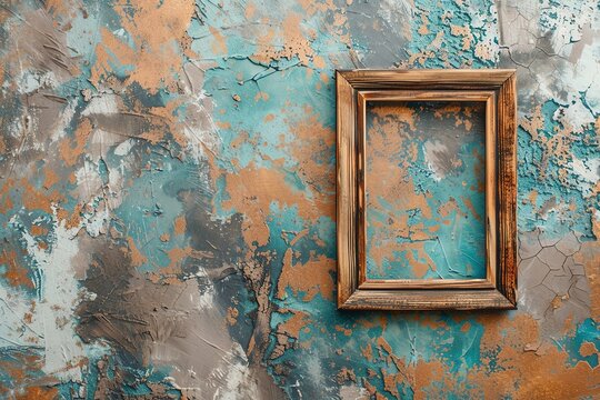 Wooden picture frame mockup on a modern abstract wallpaper