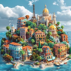 Vibrant D Cartoon of Cte dAzurs Coastline with Modern Architecture