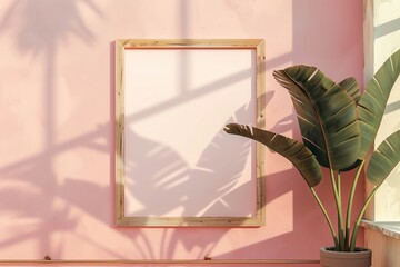 Minimal wooden picture frame mockup on a light grey wallpaper