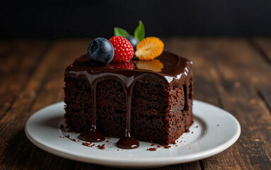 Dark chocolate cake on a wooden table