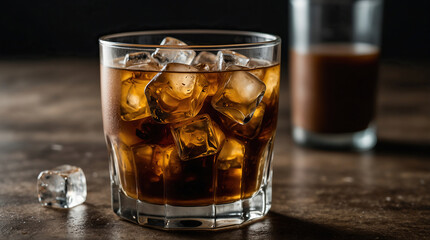 Glass of cold coffee with ice cubes on a dark background