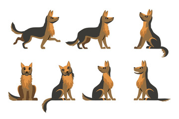 Cartoon shepherd animals with various emotions, funny Cute dog in different poses. flat set of dog. Set of funny pet animals isolated on white background. Dog German shepherd breed sitting. 
