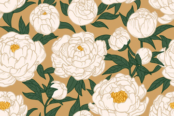 Peony pattern. Seamless floral design. Blossomed flowers, endless background. Beautiful botanical print with blooming buds and leaves in retro style. Hand-drawn vector illustration for textile, fabric