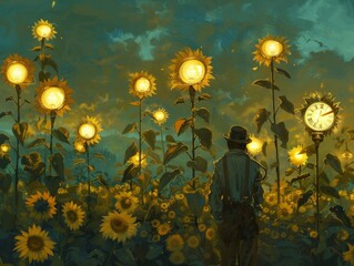 A man with a clock for a face stands amidst a field of towering sunflowers, each flower head replaced by a glowing lightbulb.