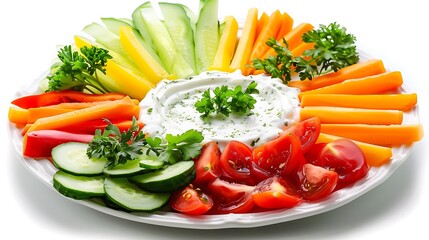 A plate with colorful healthy sliced vegetables and dips healthy vegetarian food