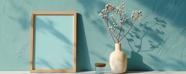 Wooden picture frame mockup on a smooth pastel blue wallpaper