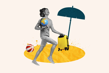 Composite photo collage of happy man run sand beach hold suitcase globe travel preparation umbrella...