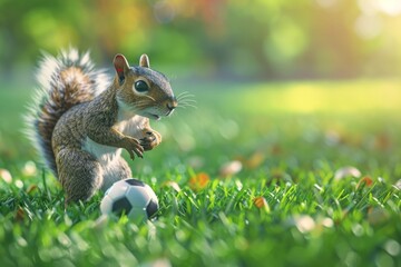 A squirrel is playing with a soccer ball in a grassy field - Powered by Adobe