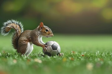 Obraz premium A squirrel is playing with a soccer ball in a grassy field