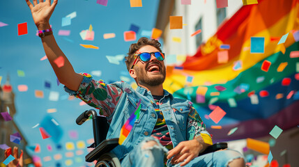 Disabled gay man in a wheelchair celebrating pride festival in the summer with rainbow flags. Copy space pride inclusion and diversity banner. AI generated