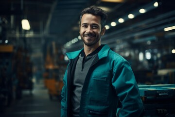Obraz premium A smiling man at an industrial plant. Technician man. Industrial worker. Machine operator
