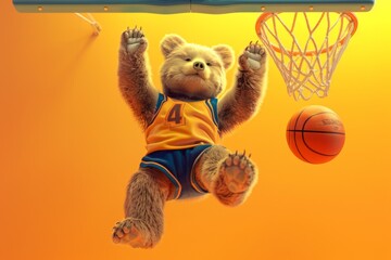 A bear is holding a basketball and is about to shoot it into a hoop