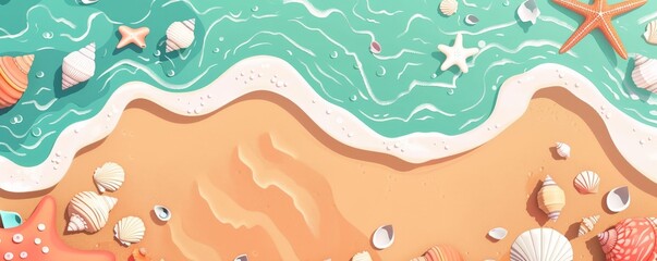 Fototapeta premium Discovering shells at the beach in a flat design, animated from a top view to highlight the joy of summer activities