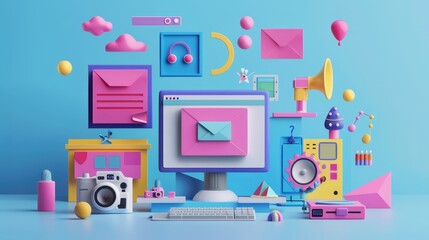 Graphic illustration of web design with many production examples, AI generated Image