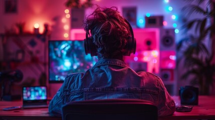 A man in a denim jacket is immersed in his gaming session with vibrant lighting and decor in the background