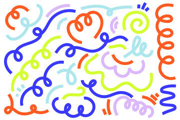 Abstract kids color lines on white background. Cute vector graphic design. Squiggle hand drown scribbles. Simple doodle random strokes.