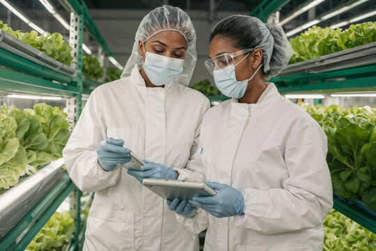 Two Afro women wearing white lab coats and gloves are looking at a tablet. They are wearing masks and gloves, and the image suggests that they are working in a lab or greenhouse