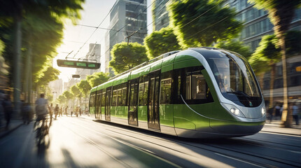 Naklejka premium Electric green tram, streetcar driving in green city downtown, motion blur. Eco friendly sustainable public transport 