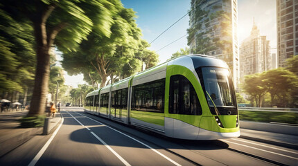 Obraz premium Electric green tram, streetcar driving in green city downtown, motion blur. Eco friendly sustainable public transport 