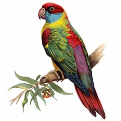 Naklejka premium A small parrot with vibrant colors perched bird, parrot, animal, beak, green, colorful, nature, red, tropical, pet, feather, wildlife, isolated, lorikeet, yellow, wild, blue, color, parakeet, branch, 