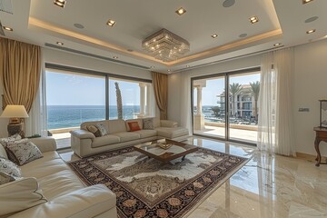 Fototapeta premium Luxurious living room with modern furniture and large windows, creating a bright and inviting environment perfect for relaxation and social gatherings