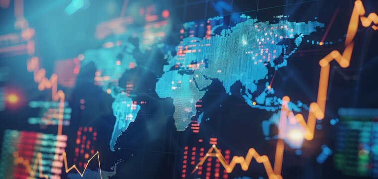 Global markets overview with dynamic financial data overlaying a detailed world map background, highlighting key economic regions