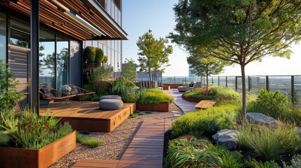 Obraz premium Serene Summer Retreat: A picturesque resort hotel nestled in a lush garden oasis, surrounded by trees, with a backdrop of city skyline and a tranquil water feature