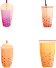 Vector illustrations of colorful bubble tea in various flavors with tapioca pearls