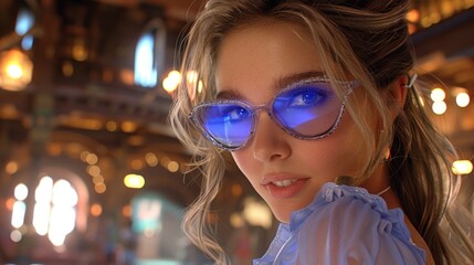 Stylish young woman in sunglasses at a neon lit pool party on a lively and colorful summer evening