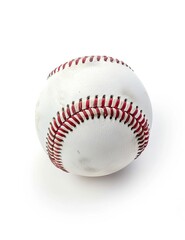 Close-up of a baseball with red stitches isolated on a white background, showcasing sport equipment detail and texture.