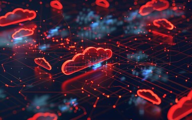 Network of cloud computing systems in red, representing potential problems and warning signs of failures
