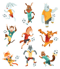 Animal playing football. Cute soccer team players on different positions. Sport is for everyone. Funny vector characters illustration