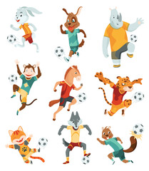 Obraz premium Animal playing football. Cute soccer team players on different positions. Sport is for everyone. Funny vector characters illustration