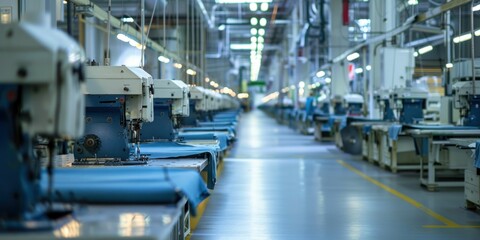 Fototapeta premium Industrial sewing machines in blue and white fabric room for fashion manufacturing industry