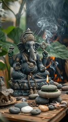 Intricate statue of Ganesha with incense and stones in a serene outdoor setting, symbolizing spirituality and tranquility.