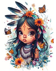 Illustration of a young girl native american with feathers and flowers in her hair, surrounded by butterflies.